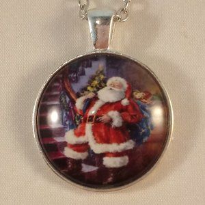 Silver Santa Claus Cabochon Pendant Necklace 20" Party Gift